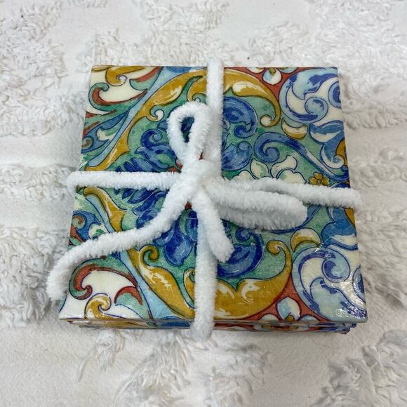 HANDMADE Cork Coaster Set of 4 Spanish Tile Style Vibrant Hacienda Tuscan Casita - Picture 1 of 6